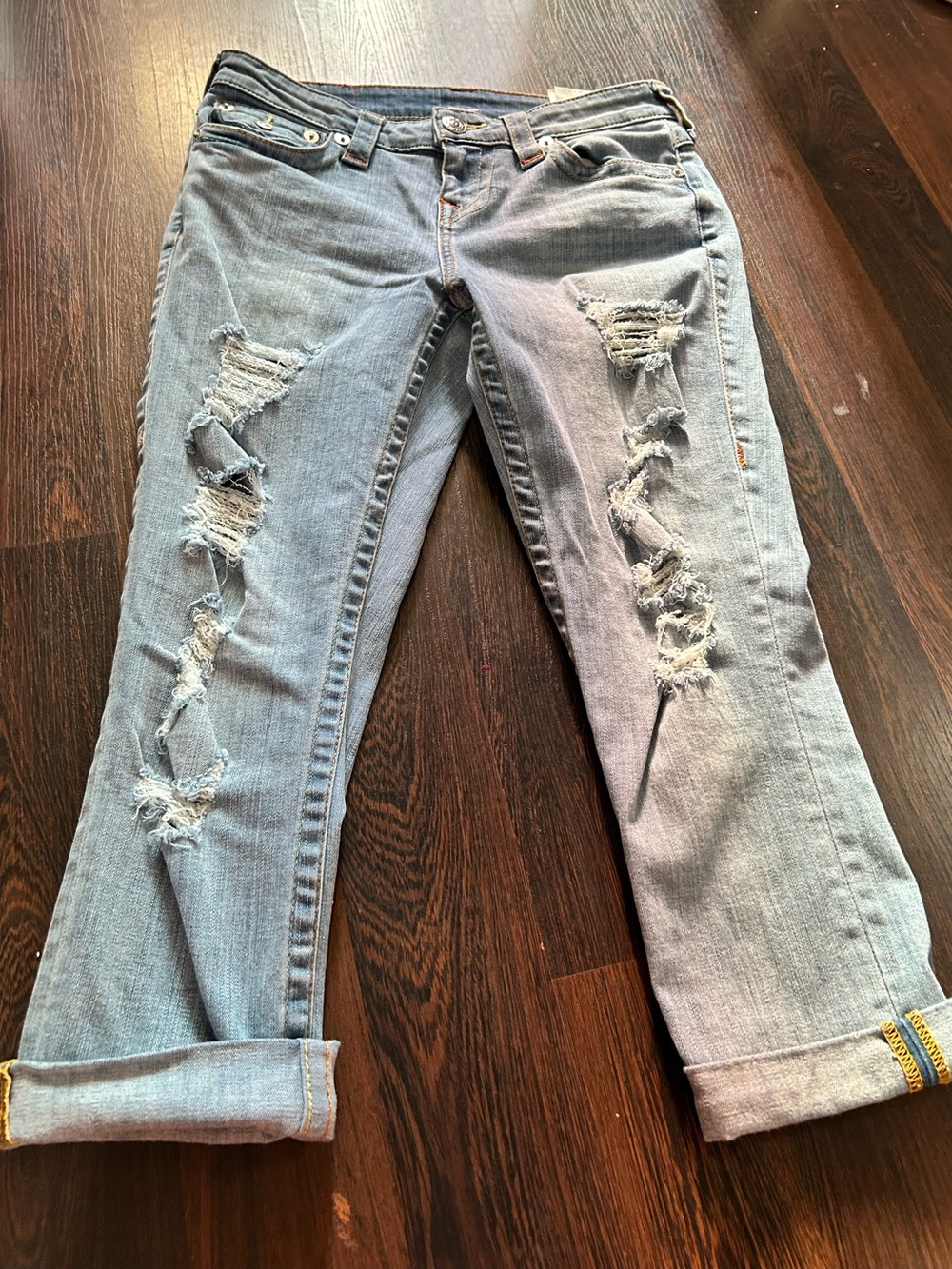 True Religion Light Wash Distressed Boyfriend Jeans
